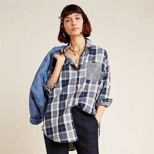 ANTHROPOLOGIE - PILCRO & THE LETTERPRESS - BO BOYFRIEND SHIRT - NAVY PLAID - M/L